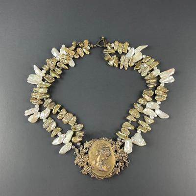 -16- ARTISAN | Art Nouveau Baroque Freshwater Pearl Necklace | Marked