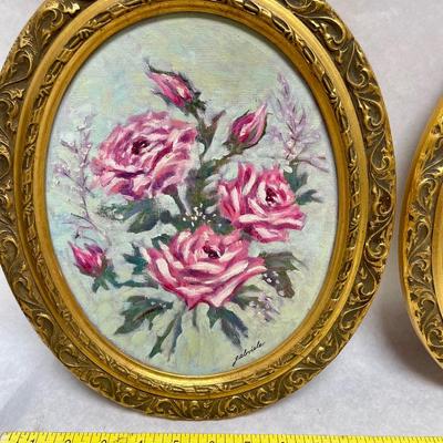 Framed Oval Paintings Pink Roses on green background with gold gilt frames signed Gabriele