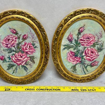 Framed Oval Paintings Pink Roses on green background with gold gilt frames signed Gabriele