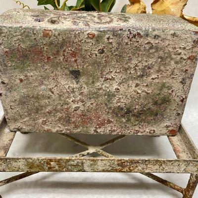 Rustic Faux Flower arrangement in Plaster planter box sitting atop rusty metal platform