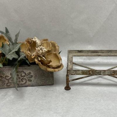 Rustic Faux Flower arrangement in Plaster planter box sitting atop rusty metal platform