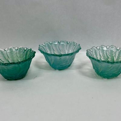 3 Small Glass Bowls - Indiana Glass Wild Rose Green swirl pattern
