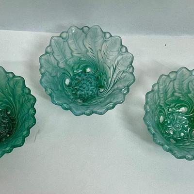 3 Small Glass Bowls - Indiana Glass Wild Rose Green swirl pattern