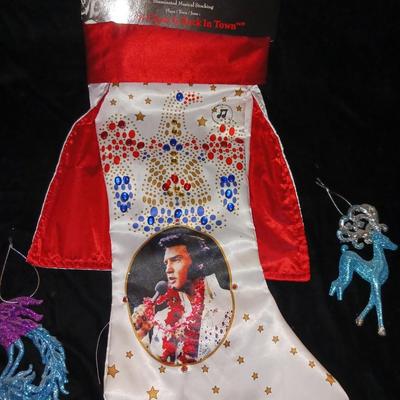ELVIS CHRISTMAS STOCKING AND 2 ORNAMENTS