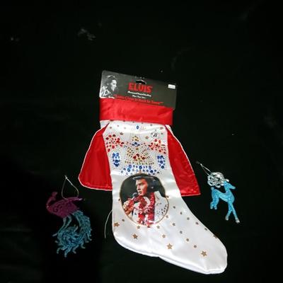 ELVIS CHRISTMAS STOCKING AND 2 ORNAMENTS