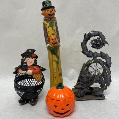 Halloween Lot - Jack o Lantern figurine, Black Cat metal sculpture, Ceramic Lidded Trinket Box Jack-o -Lantern, Witch Trinket Box.