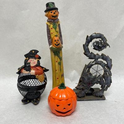 Halloween Lot - Jack o Lantern figurine, Black Cat metal sculpture, Ceramic Lidded Trinket Box Jack-o -Lantern, Witch Trinket Box.