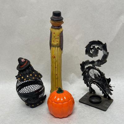 Halloween Lot - Jack o Lantern figurine, Black Cat metal sculpture, Ceramic Lidded Trinket Box Jack-o -Lantern, Witch Trinket Box.