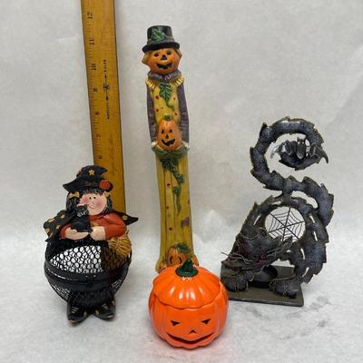 Halloween Lot - Jack o Lantern figurine, Black Cat metal sculpture, Ceramic Lidded Trinket Box Jack-o -Lantern, Witch Trinket Box.