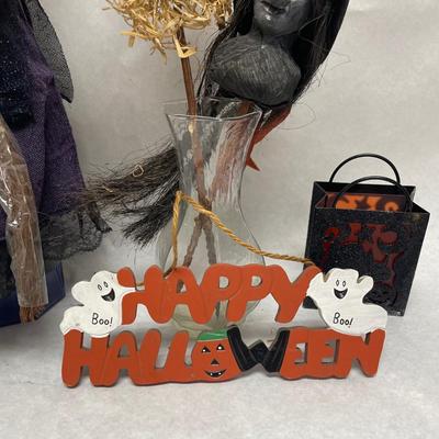 Halloween Lot - Witch, Sign, Candle Holder, Yard Stick Decor in glass vase