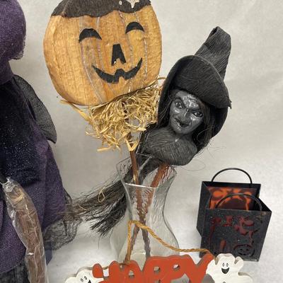 Halloween Lot - Witch, Sign, Candle Holder, Yard Stick Decor in glass vase