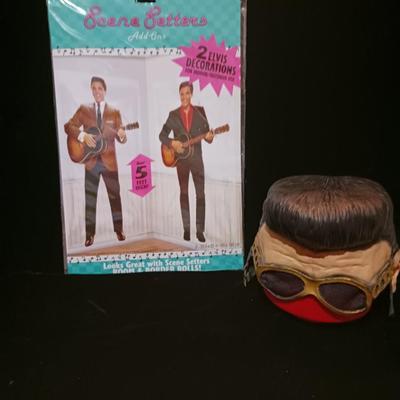 ELVIS HEAD MASK AND 2 ELVIS 5 FOOT DECORATIONS