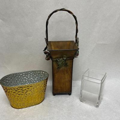 Misc Containers Lot - oval gold tin pail, Metal wine bottle holder with handle, square class vase