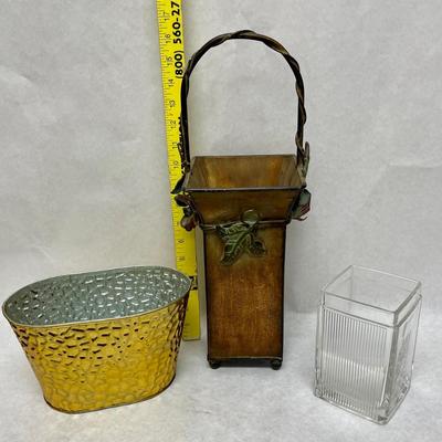 Misc Containers Lot - oval gold tin pail, Metal wine bottle holder with handle, square class vase