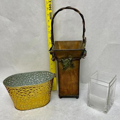Misc Containers Lot - oval gold tin pail, Metal wine bottle holder with handle, square class vase