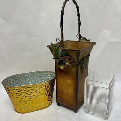Misc Containers Lot - oval gold tin pail, Metal wine bottle holder with handle, square class vase