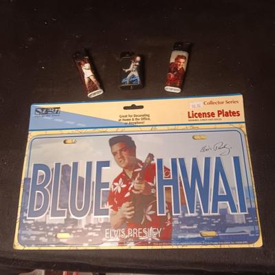 ELVIS TIN LICENSE PLATE AND 3 DISPOSABLE LIGHTERS
