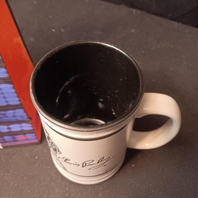 ELVIS STONEWARE COFFEE MUG, PIN, SMALL TRAY AND GIFT BAG