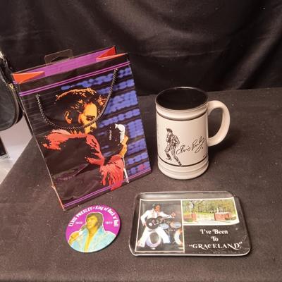 ELVIS STONEWARE COFFEE MUG, PIN, SMALL TRAY AND GIFT BAG