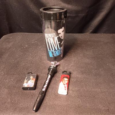 ELVIS TRAVEL CUP, DISPOSABLE LIGHTERS AND A PEN