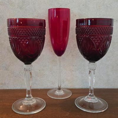 Cranberry Glass (2) Wine & (1) Champagne Glasses