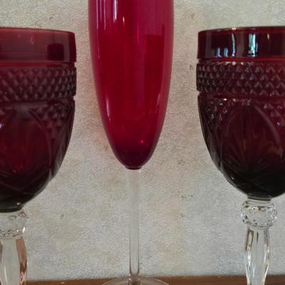 Cranberry Glass (2) Wine & (1) Champagne Glasses