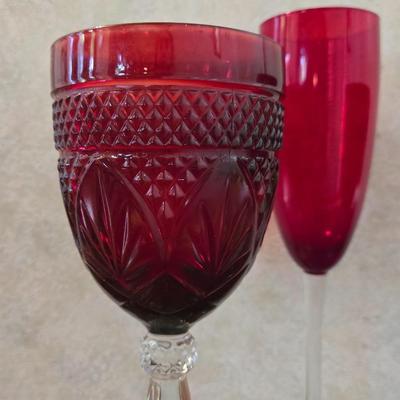 Cranberry Glass (2) Wine & (1) Champagne Glasses