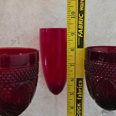 Cranberry Glass (2) Wine & (1) Champagne Glasses