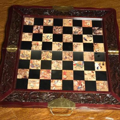 Vintage Chinese Chess Set Folding Carved Board Cinnabar & Jade Pieces