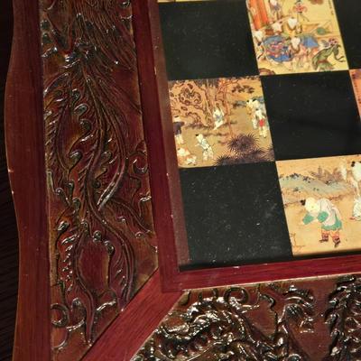 Vintage Chinese Chess Set Folding Carved Board Cinnabar & Jade Pieces