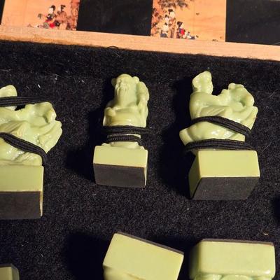 Vintage Chinese Chess Set Folding Carved Board Cinnabar & Jade Pieces