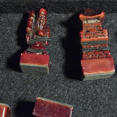 Vintage Chinese Chess Set Folding Carved Board Cinnabar & Jade Pieces