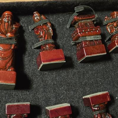 Vintage Chinese Chess Set Folding Carved Board Cinnabar & Jade Pieces