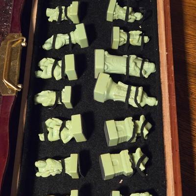 Vintage Chinese Chess Set Folding Carved Board Cinnabar & Jade Pieces