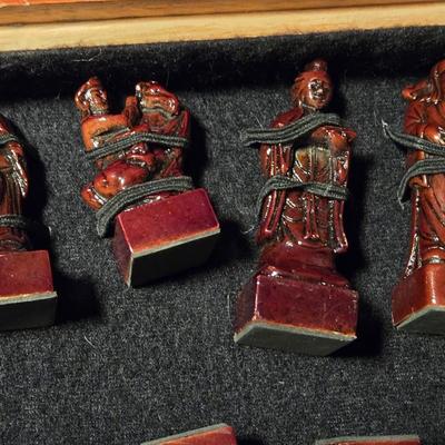 Vintage Chinese Chess Set Folding Carved Board Cinnabar & Jade Pieces
