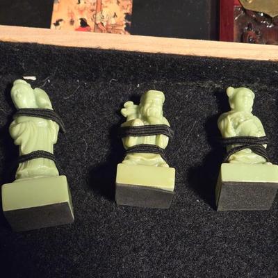 Vintage Chinese Chess Set Folding Carved Board Cinnabar & Jade Pieces