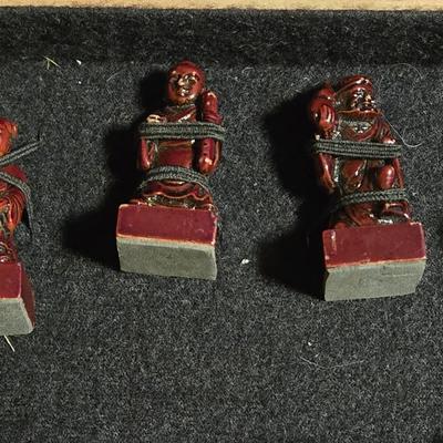 Vintage Chinese Chess Set Folding Carved Board Cinnabar & Jade Pieces