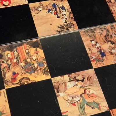 Vintage Chinese Chess Set Folding Carved Board Cinnabar & Jade Pieces
