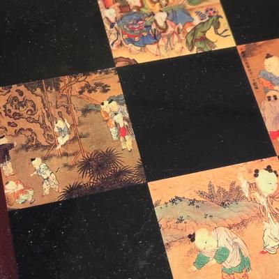 Vintage Chinese Chess Set Folding Carved Board Cinnabar & Jade Pieces