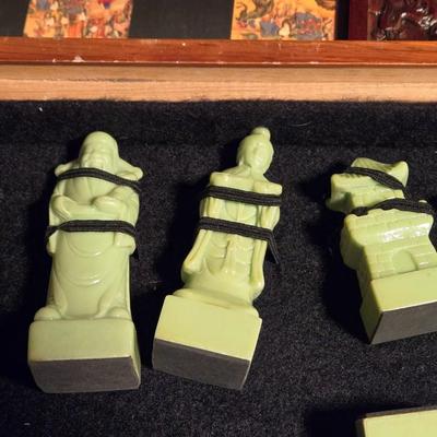 Vintage Chinese Chess Set Folding Carved Board Cinnabar & Jade Pieces