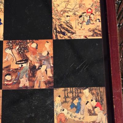 Vintage Chinese Chess Set Folding Carved Board Cinnabar & Jade Pieces