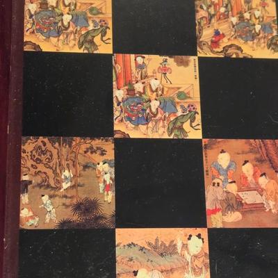 Vintage Chinese Chess Set Folding Carved Board Cinnabar & Jade Pieces