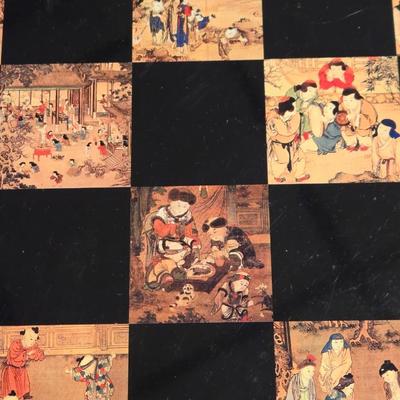 Vintage Chinese Chess Set Folding Carved Board Cinnabar & Jade Pieces