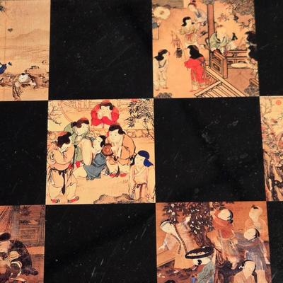 Vintage Chinese Chess Set Folding Carved Board Cinnabar & Jade Pieces