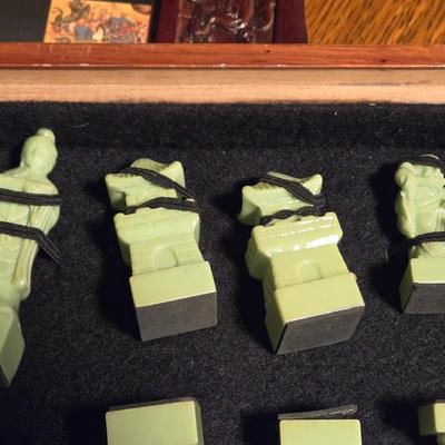 Vintage Chinese Chess Set Folding Carved Board Cinnabar & Jade Pieces