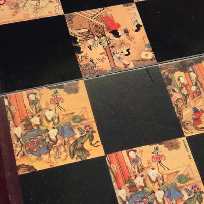 Vintage Chinese Chess Set Folding Carved Board Cinnabar & Jade Pieces