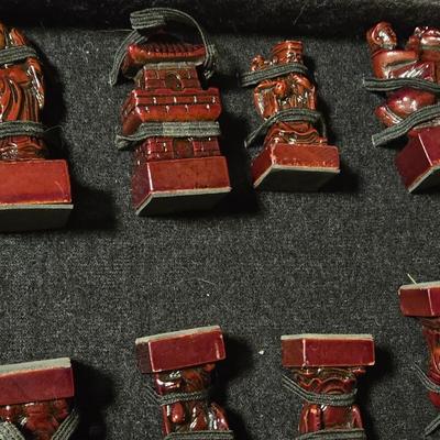 Vintage Chinese Chess Set Folding Carved Board Cinnabar & Jade Pieces