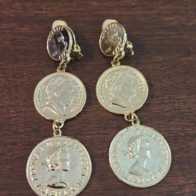 Gold Tone Coin Clip On Earrings