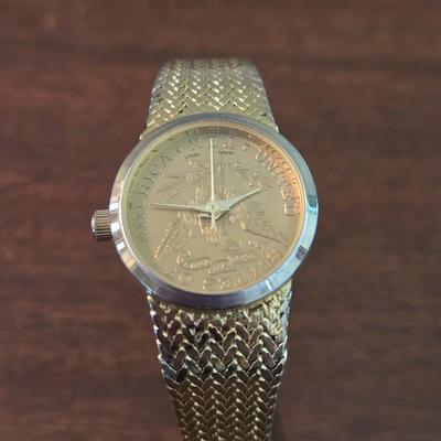 VINTAGE GOLDEN TONE LADIES QUARTZ TWENTY DOLLARS COIN WATCH