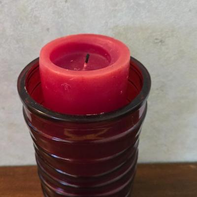 Red Glass Candle Holder with Pillar Candle
